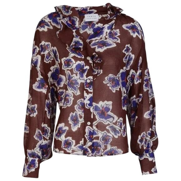 TANYA TAYLOR Dark Purple Burgundy & Blue Purple Floral Silk Blouse Top 6 Medium - Picture 1 of 11